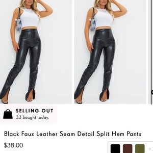 Black Faux Leather Seam Detail Split Hem Pants